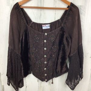 Vtg 90s Y2K The Counter Blouse Lace Beads Gypsy Renaissance Brown whimsygoth